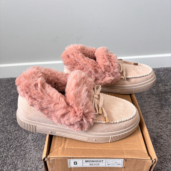 Journee Collection Women's 8 Pink Khaki Faux Fur Moccasins Slippers NIB