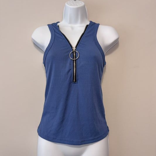 Shein Women's Size Small Blue Ribbed Zip-Front Tank Top NIB