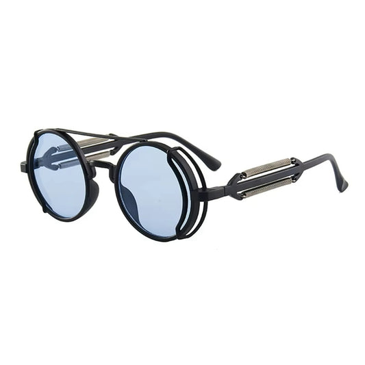 Blue Lens Steampunk Sunglasses Retro Punk Round Gothic Shades NWT