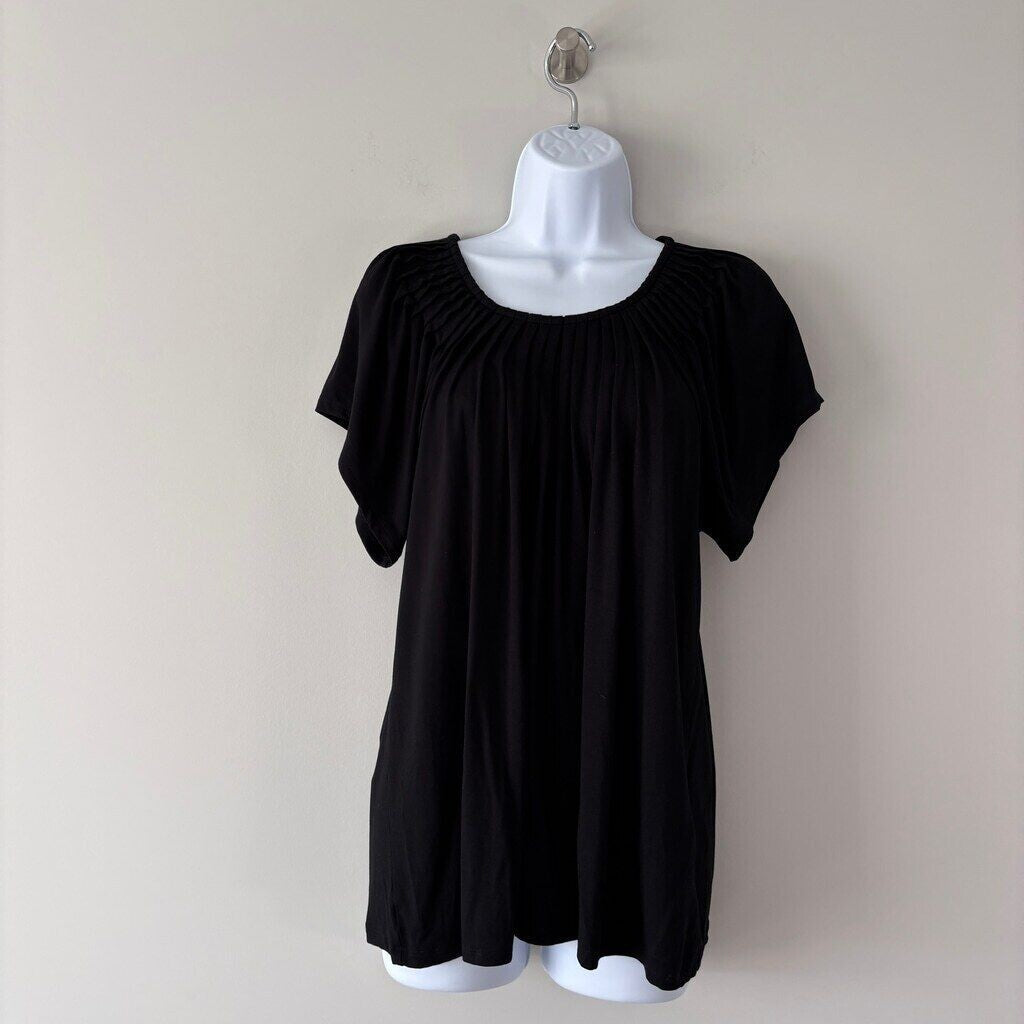 Style & Co Women's Petite Black Pleated Scoop-Neck Short-Sleeve Top NWT