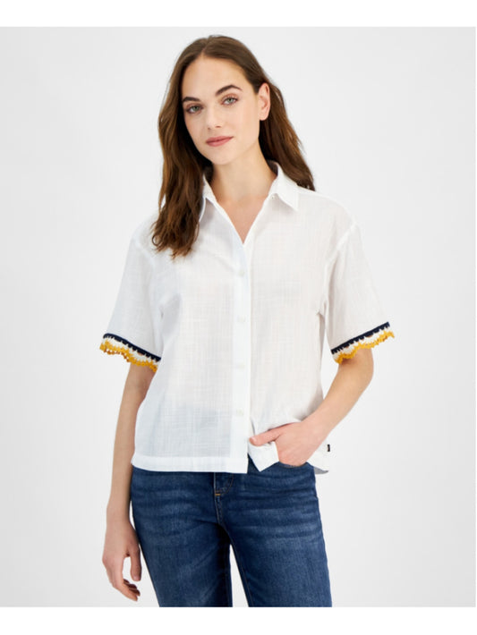 Nautica Women's White Short-Sleeve Crochet-Trim 100% Cotton Shirt NWT