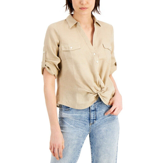INC International Concepts Women's XL Beige Linen Twist-Hem Blouse NWT