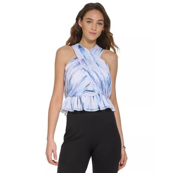DKNY Women's Medium Blue Chiffon Printed Crisscross Metallic-Detail Top NWT