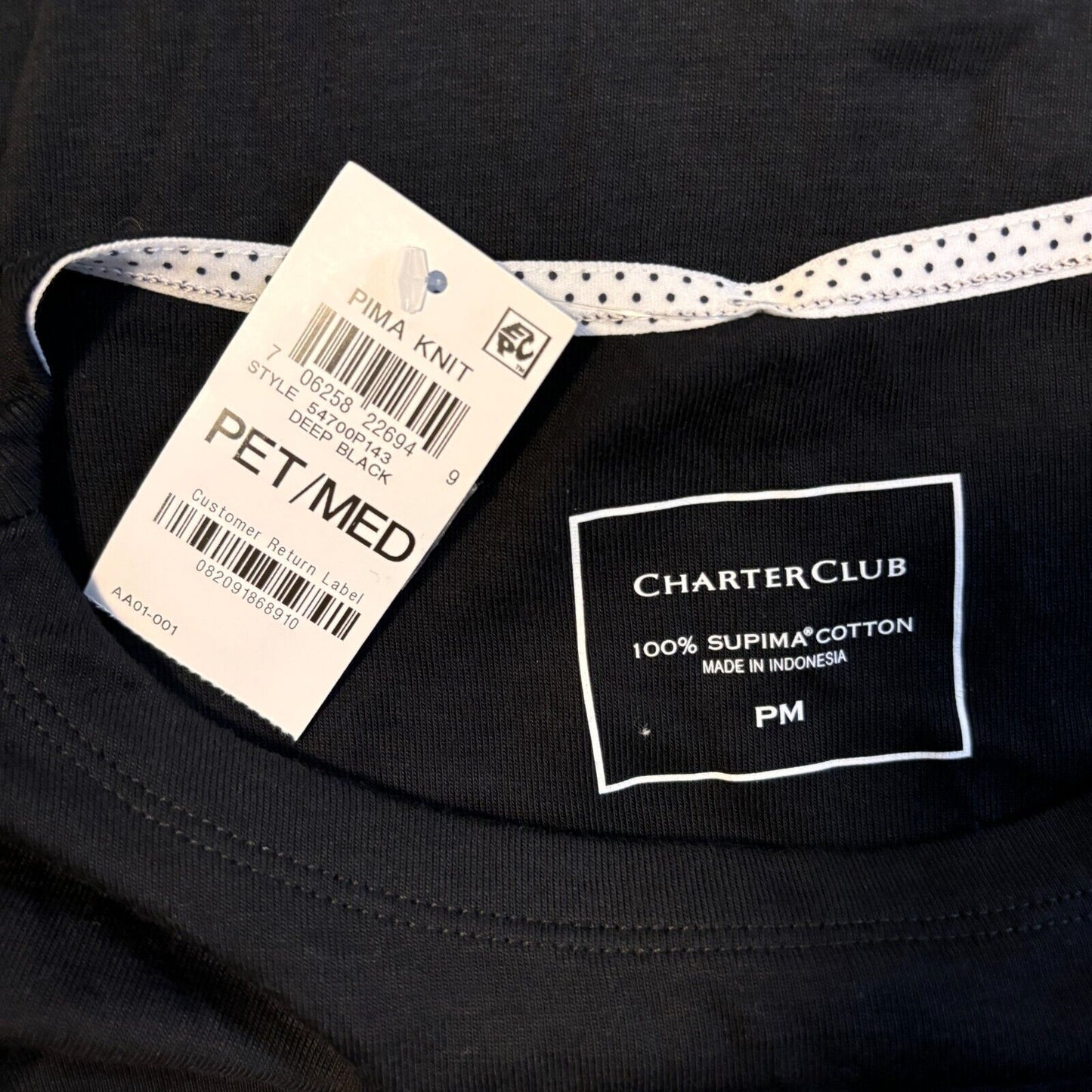 Charter Club Petite Black Pima Cotton Button-Shoulder 3/4 Sleeve Top NWT