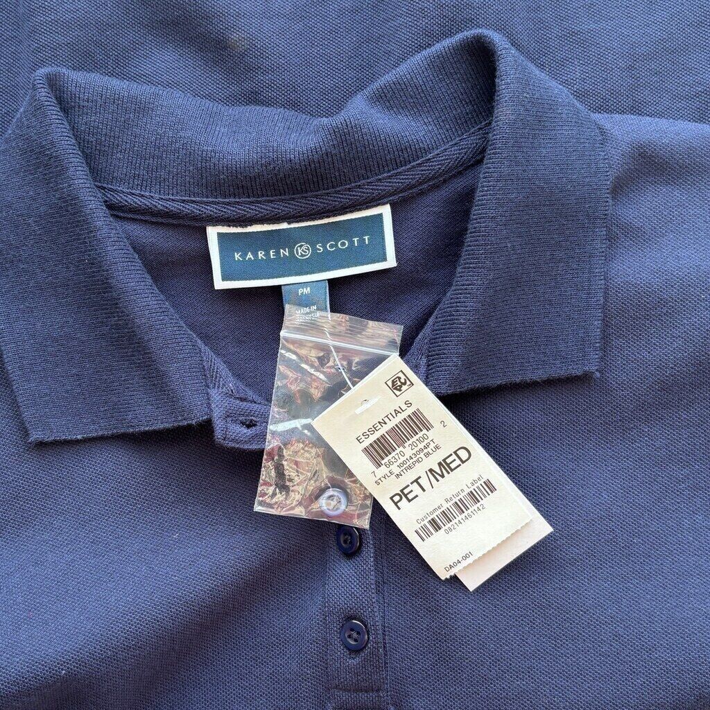 Karen Scott Women's Petite Navy Blue Knit Collared Cotton Polo Top NWT