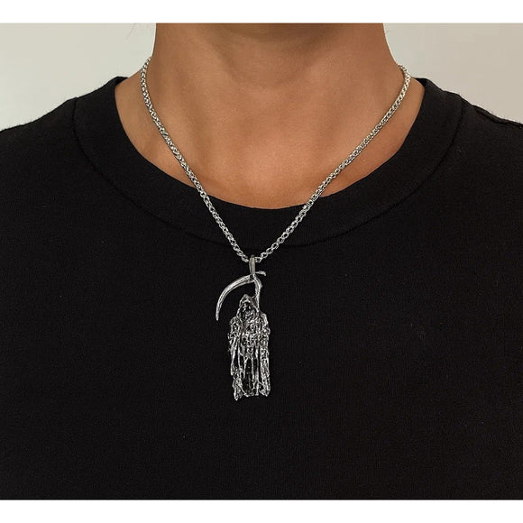 Grim Reaper w/ Scythe Gothic Necklace in Silver NWT