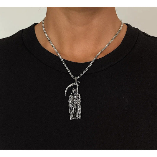 Grim Reaper w/ Scythe Gothic Necklace in Silver NWT