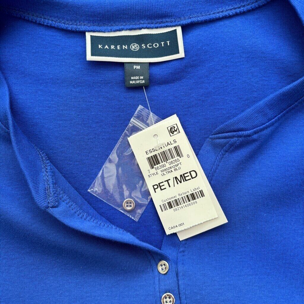 Karen Scott Women's Petite Bright Blue 100% Cotton Henley Top NWT