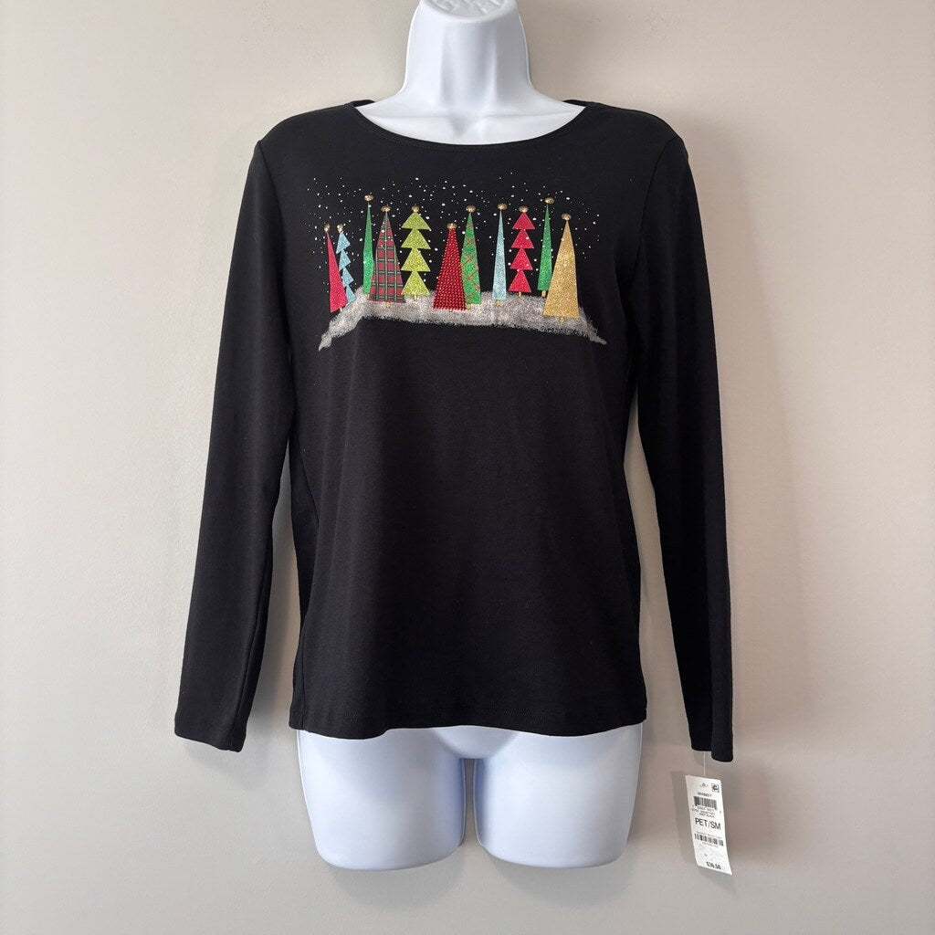 Karen Scott Women's Small Petite Black Embellished Holiday-Graphic T-Shirt NWT