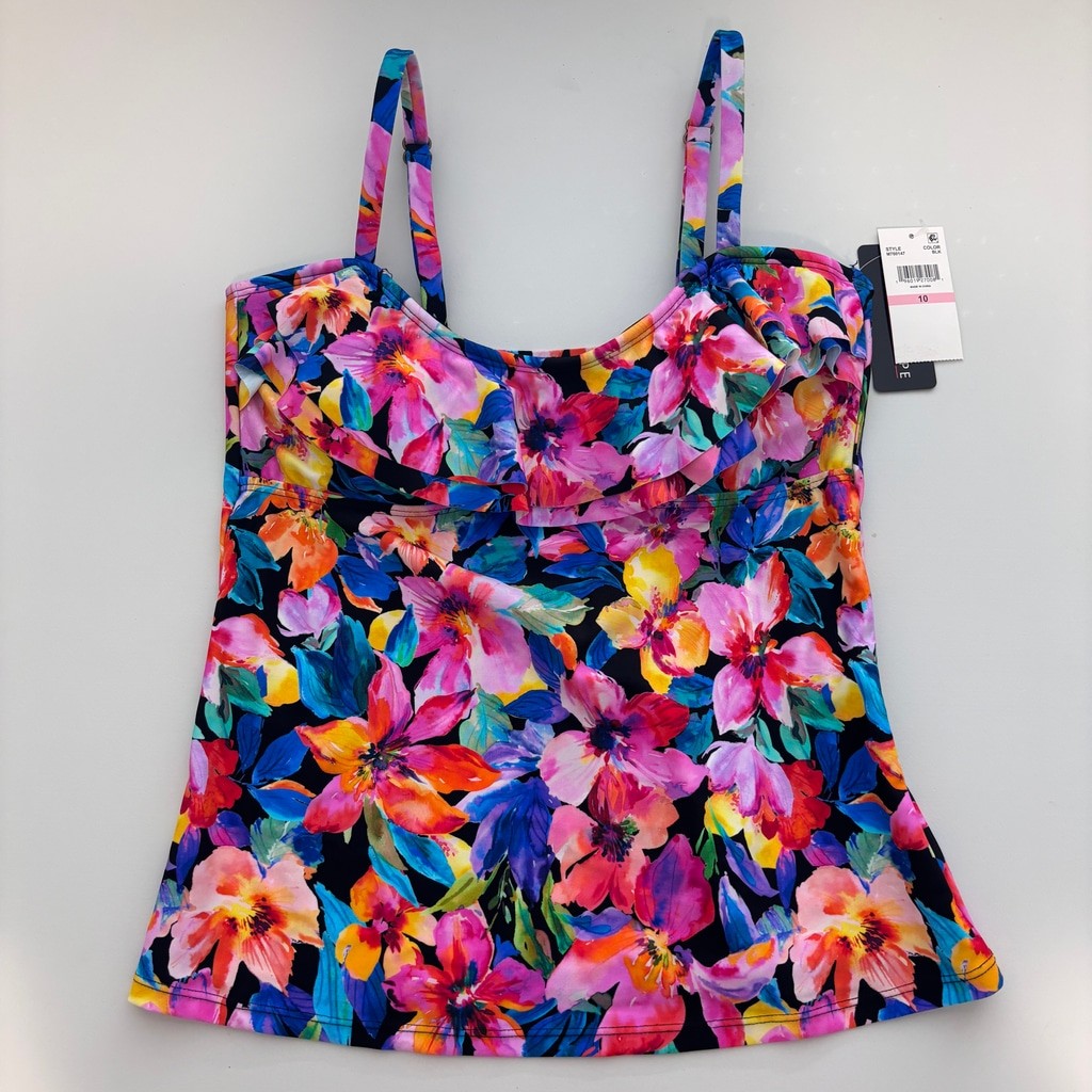 Island Escape Women's 10 Multicolor Tahiti Floral-Print Ruffled Tankini Top NWT