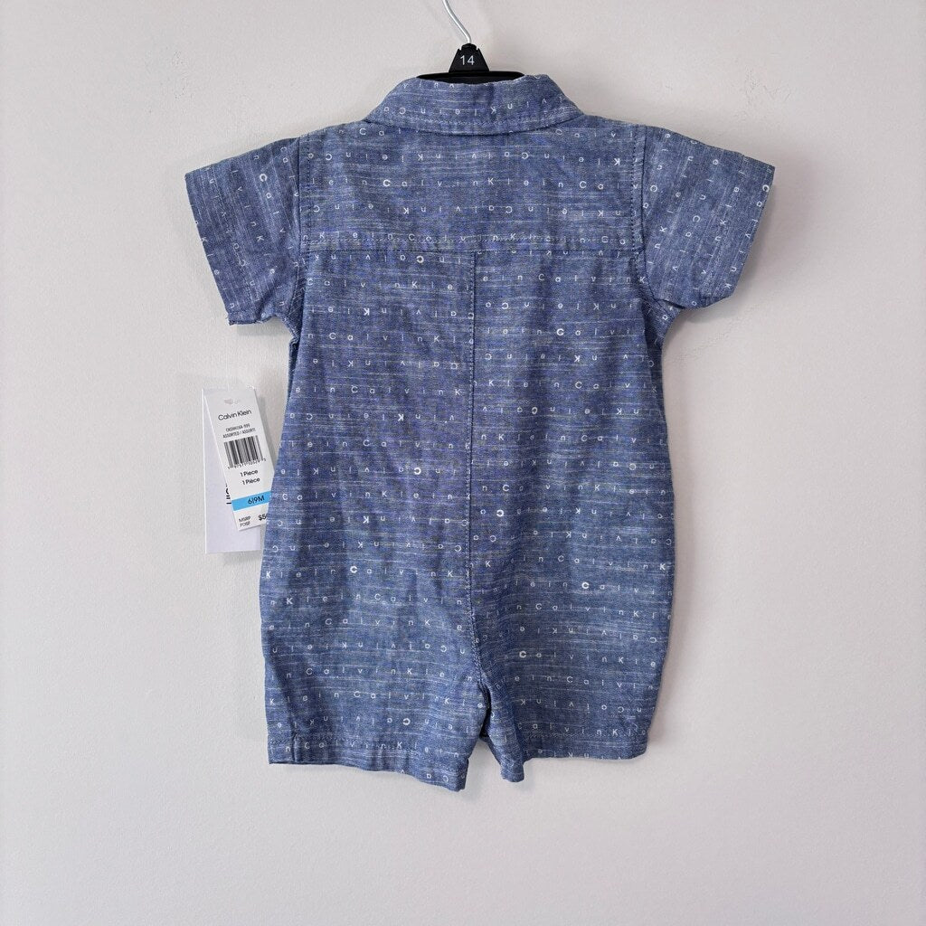 Calvin Klein Size 6-9 Months Baby Boys Blue Woven Romper One-Piece Outfit NWT