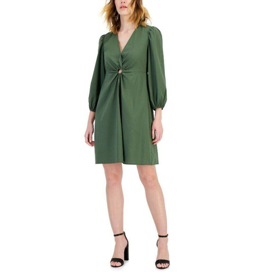 I.N.C. International Concepts Women's Green V-Neck Puff Sleeve Mini Dress NWT