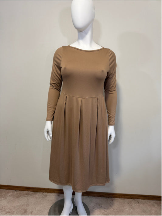 24seven Comfort Apparel XL Beige / Tan Midi Length Fit & Flare Pocket Dress NWT