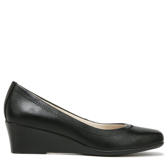 Life Stride Women's 10W Black Faux Vegan Leather Square Toe, Wedge Pumps NIB