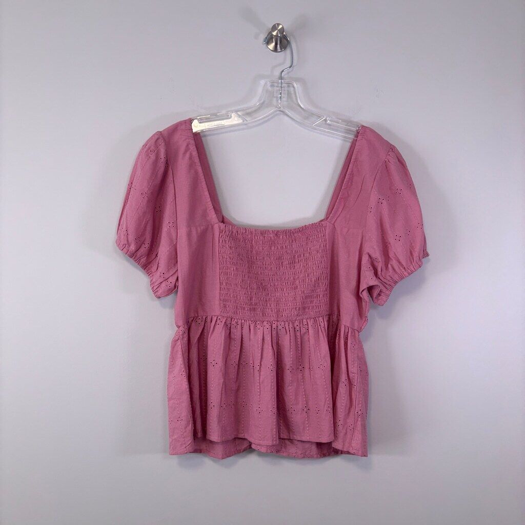 Planet Gold Juniors' XL Pink 100% Cotton Eyelet Puff-Sleeve Peplum Top NWOT.