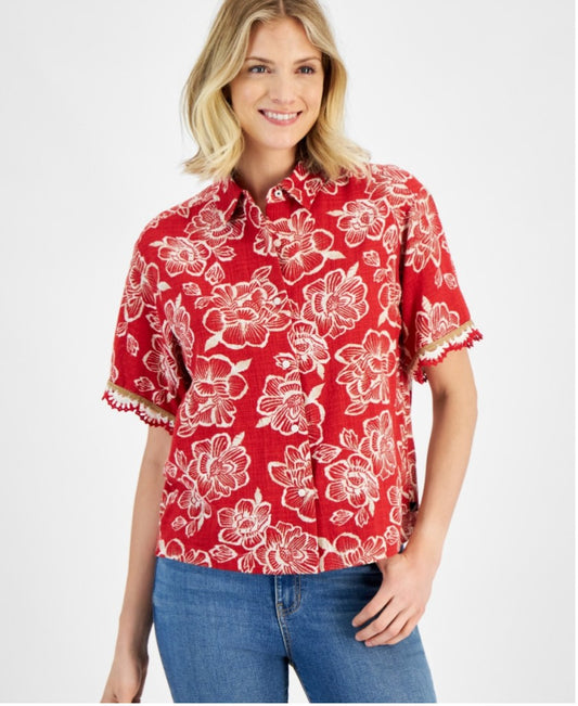 Nautica Jeans Women's XS Red Floral Print Crochet Trim Short Sleeve Shirt NWT