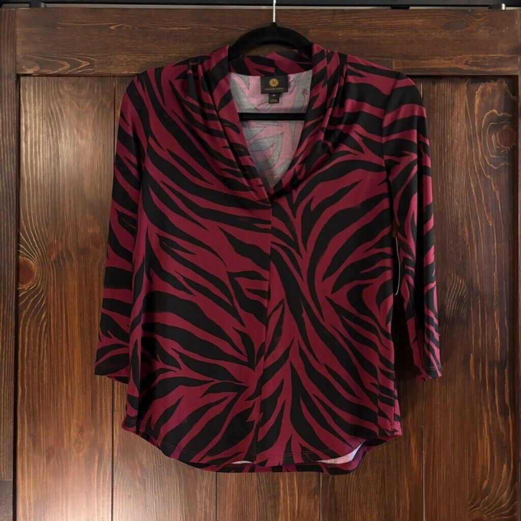 JM Collection Petite Small Red and Black Zarina Zebra-Print V-Neck Top NWT.