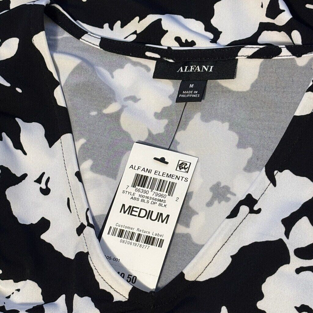 Alfani Women's Black & White Printed 3/4-Sleeve V-Neck Tunic Top NWT
