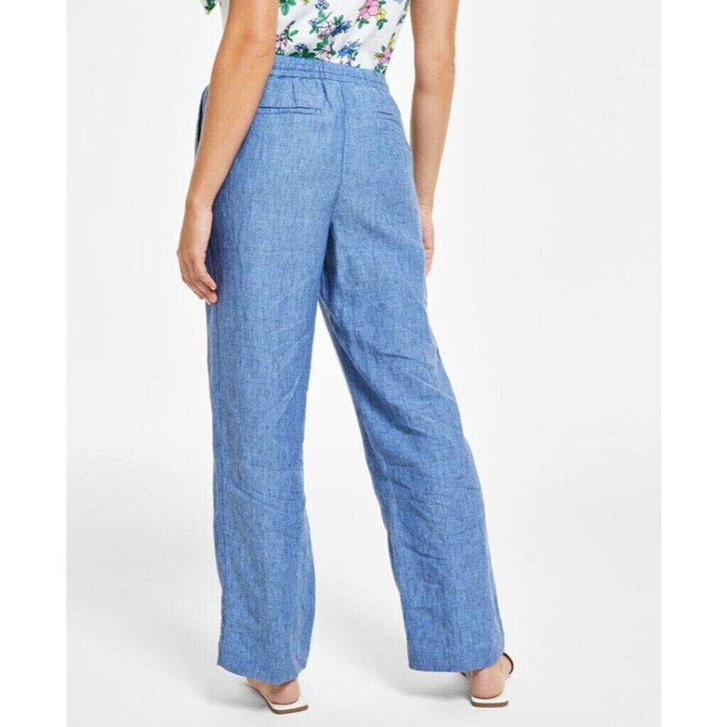 Charter Club Luxury Line Blue Petite 100% Linen Drawstring Pants NWT