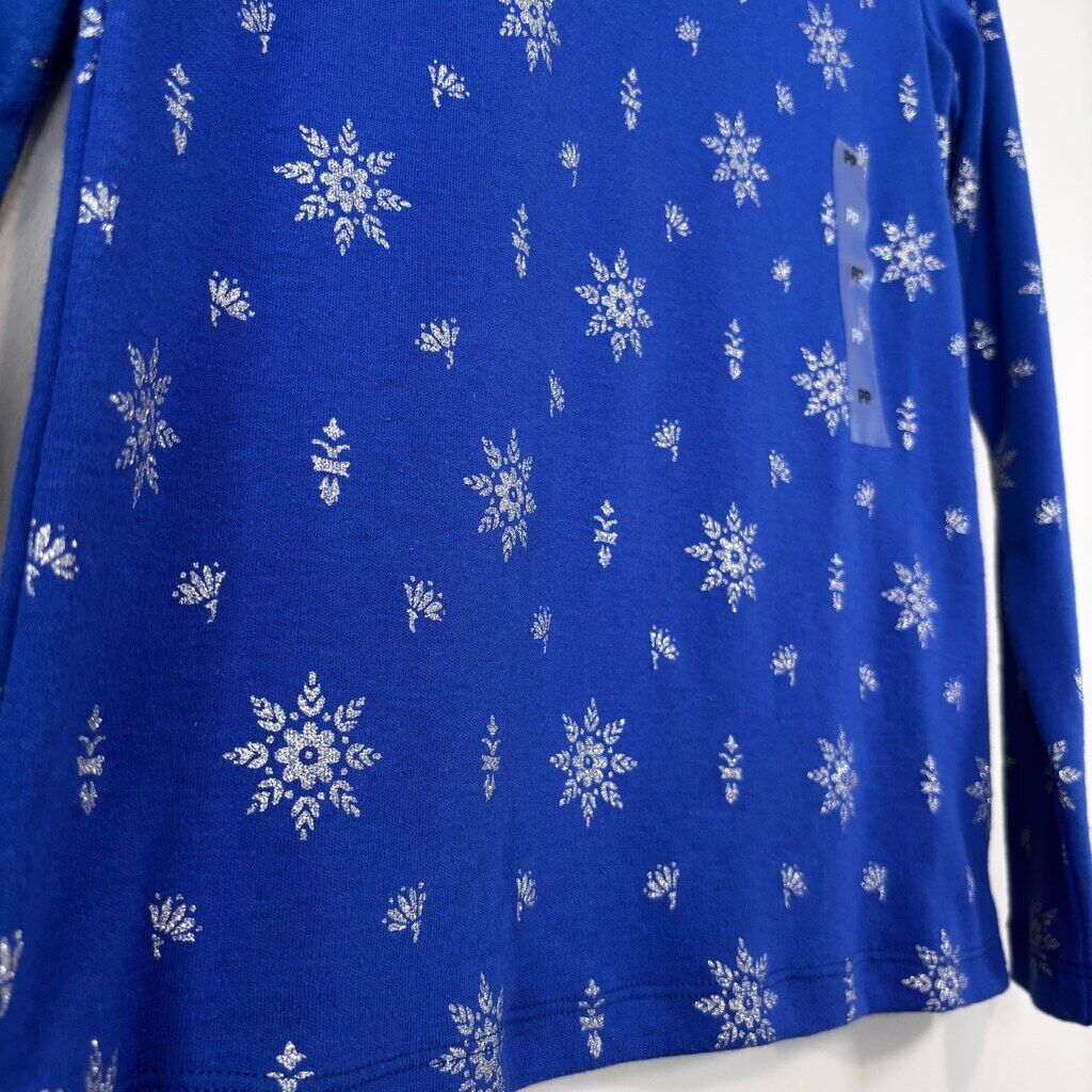 Karen Scott Women's Petite Blue Mock-Neck Top with Sparkly Snowflakes NWT