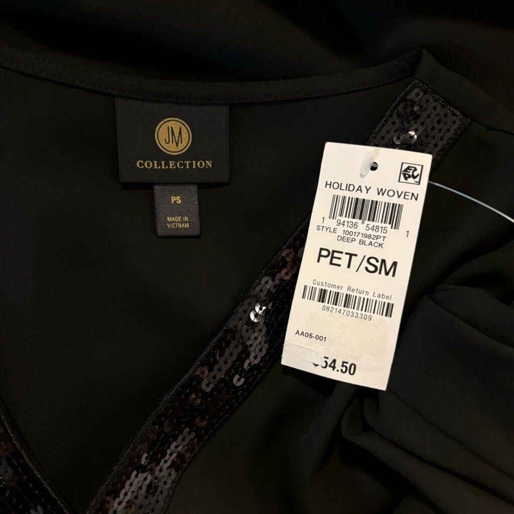 JM Collection Petite Small Black Sequined-Trimmed Y-Neck 3/4-Sleeve Top NWT