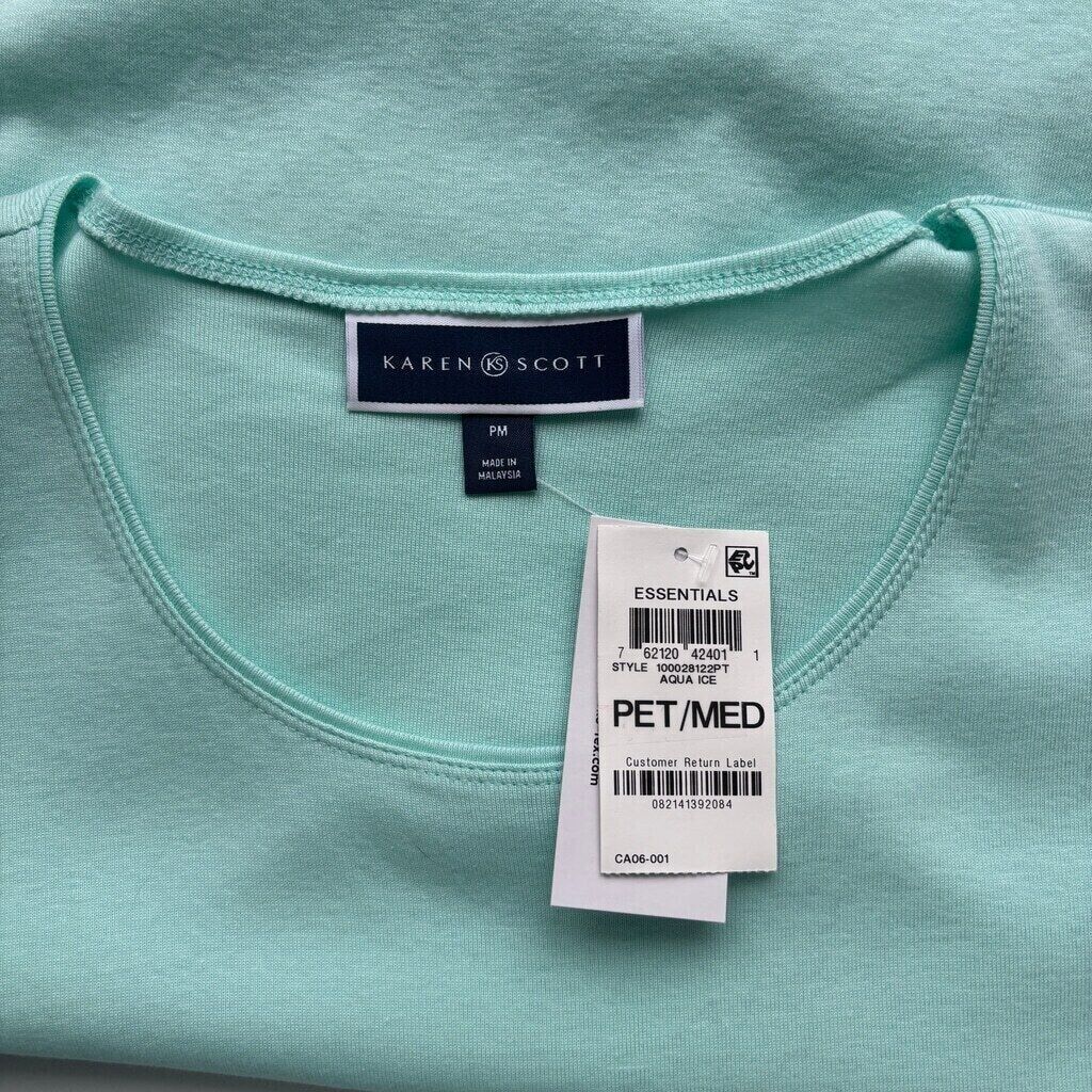 Karen Scott Women's Petite Aqua Colored 100% Cotton Scoop Neck Top NWT