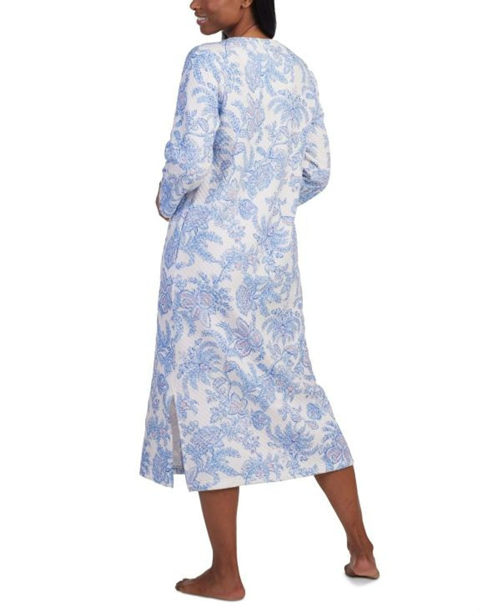 Miss Elaine Size Large Relax White & Blue Floral Quilted Zip Front Robe NWT