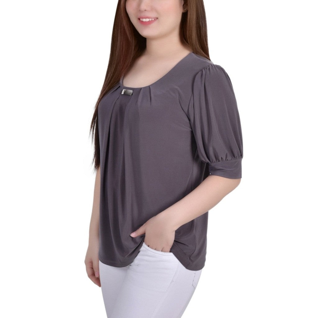 NY Collection Women's Petite Large Charcoal Grey Pleated Blouse NWT