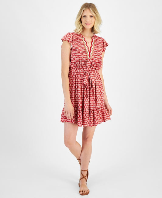 Nautica Jeans Women's Red Crochet-Trim Flutter-Sleeve Mini Dress NWT