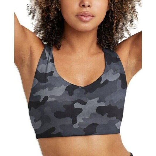 CHAMPION Women's XS Soft Touch Black and Grey Camo Light-Support Sports Bra NWT