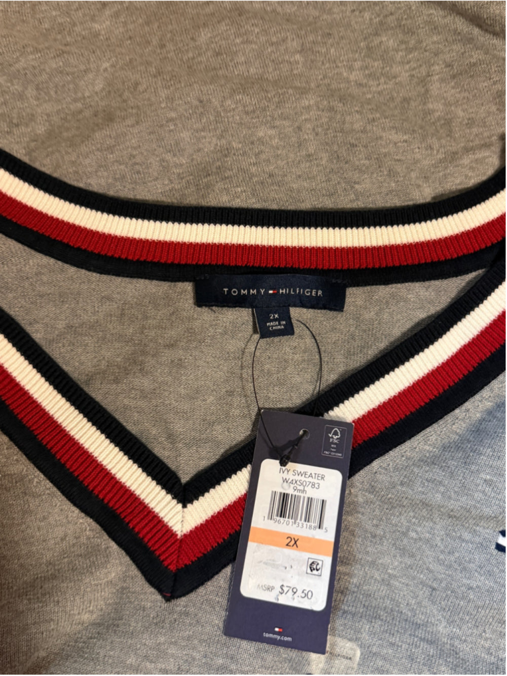 Tommy Hilfiger Plus Size 2X 100% Cotton Grey Contrast-Trim V-Neck Sweater NWT