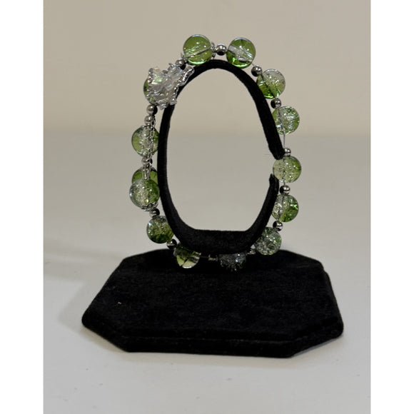 Green & Clear Faceted Crackle Bead Butterfly Charm Stretch Bracelet NWT