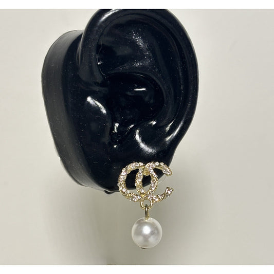 Gold & Rhinestone CC-Style Pearl Drop Earrings Luxury Inspired NWT