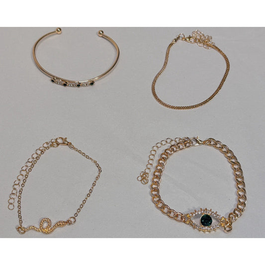 Gold & Emerald Crystal Eye, Snake & Chain Bracelet Stacking Set (4 Pieces) NWT