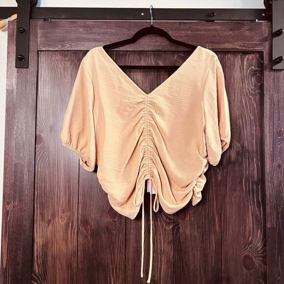 CALVIN KLEIN Women's XL Drawstring-Ruched Light Orange Puffed-Sleeve Top NWT