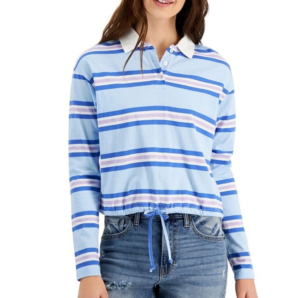 Crave Fame Juniors' Size XL Blue Striped Tie-Hem Long Sleeve Polo Shirt NWT