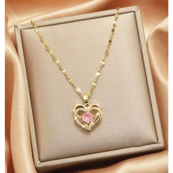 Gold Chain & Pink Cubic Zirconia Heart Pendant Necklace NWT