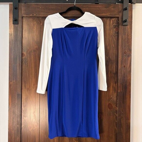 KASPER Women's Long Sleeved Bodycon Sheath Dress Blue & White NWT