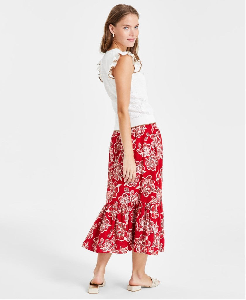 Nautica Jeans Size XL Red Floral Tiered Smocked-Waist Maxi Skirt NWT