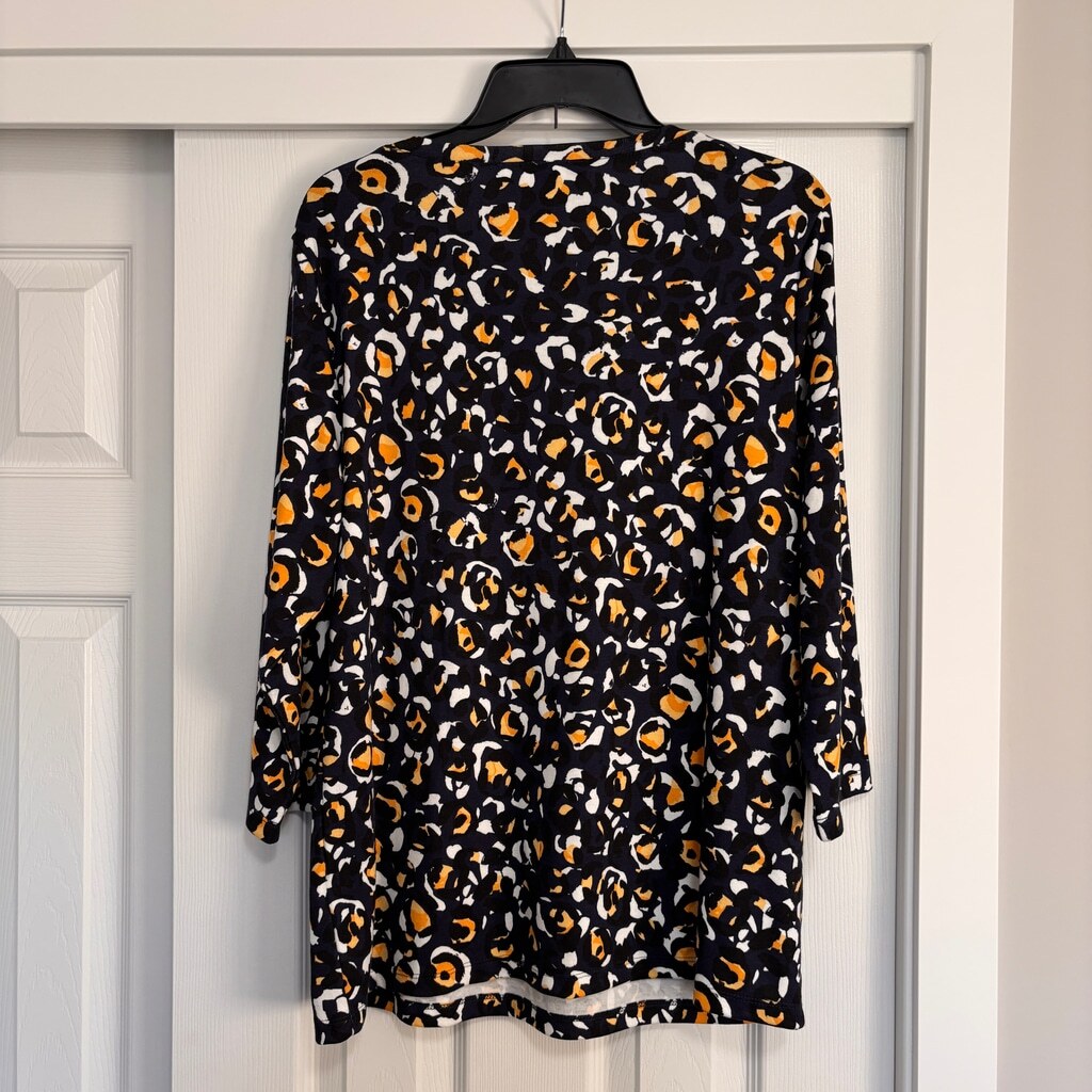 Karen Scott Women's Plus Size 0X Navy & Yellow Leopard-Print Henley Top NWT