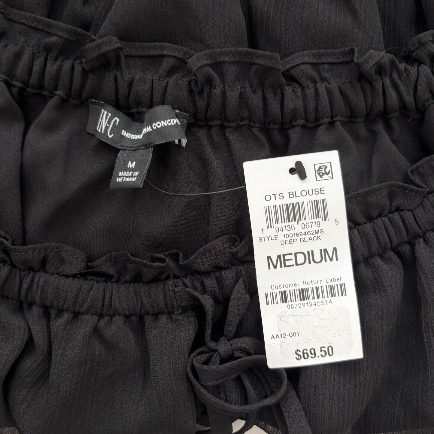 INC International Concepts Women's Black Off-The-Shoulder Chiffon Top NWT.