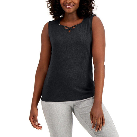 Karen Scott Petite Large 100% Cotton Black Sweetheart Keyhole Tank Top NWT
