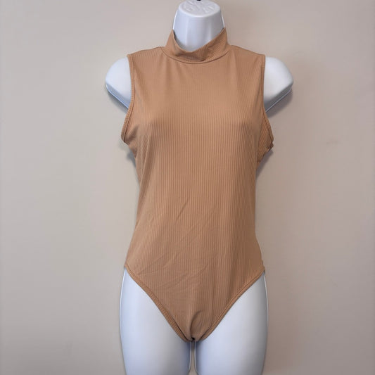 Shein Women's Size Medium Beige Brown Sleeveless Ribbed Bodysuit NIB