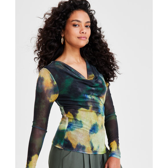 Bar III Petite Green Abstract Printed Long-Sleeve Cowlneck Mesh Top NWT