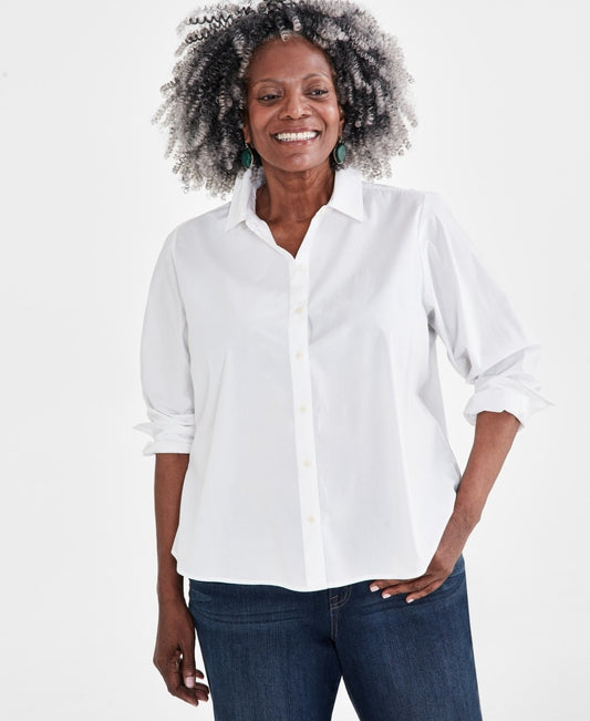 Style & Co Women's 1X Plus Size 100% Cotton Solid White Button Up Shirt NWT