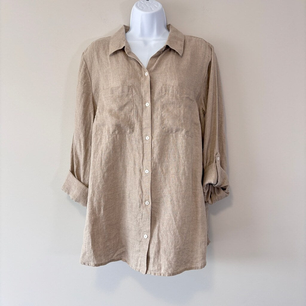 Charter Club Women's XL Light Brown 100% Linen Utility Button-Down Shirt NWT