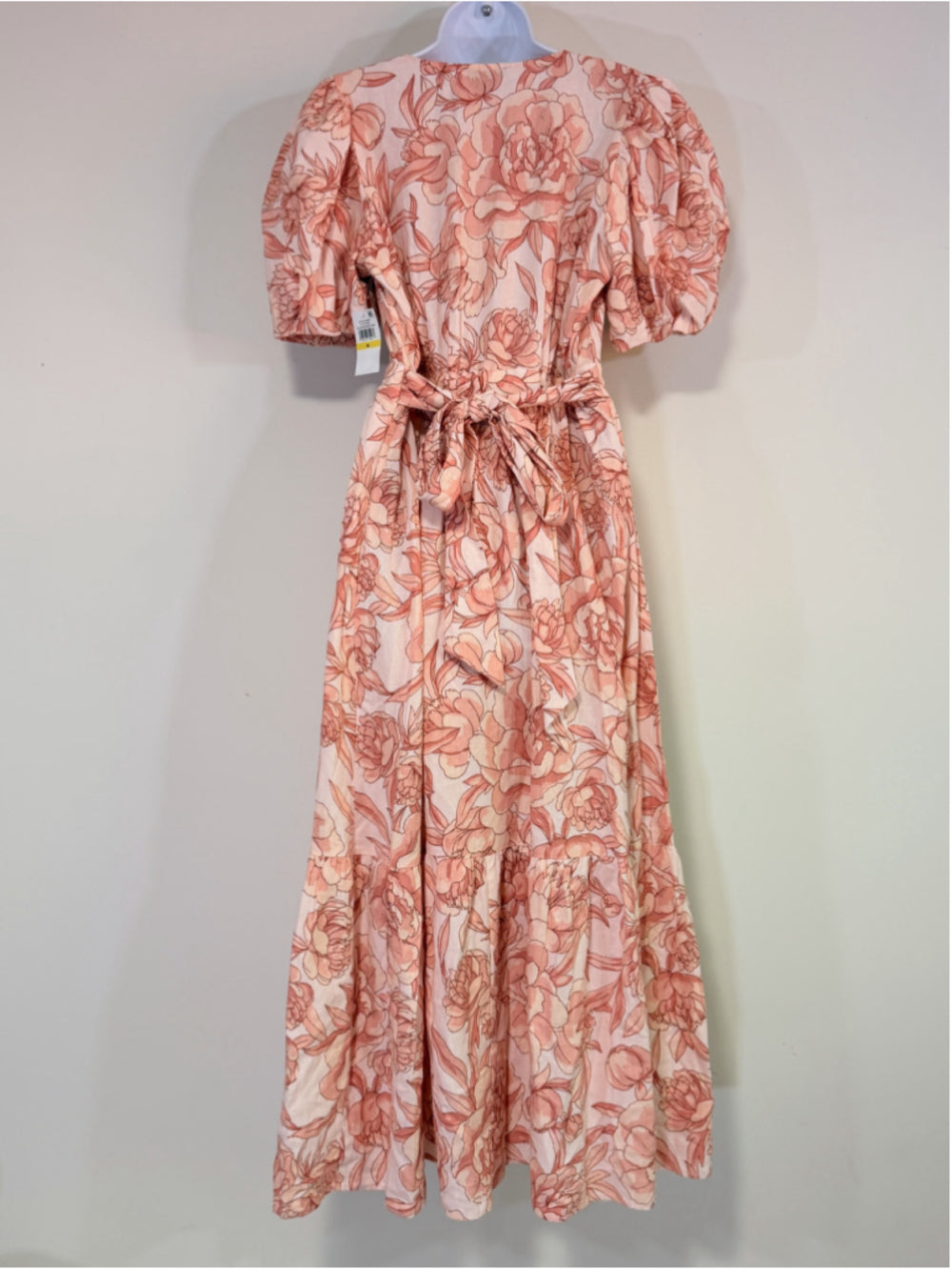 CeCe Women’s Medium Pink Floral Printed Linen Puff Sleeve V-Neck Maxi Dress NWT