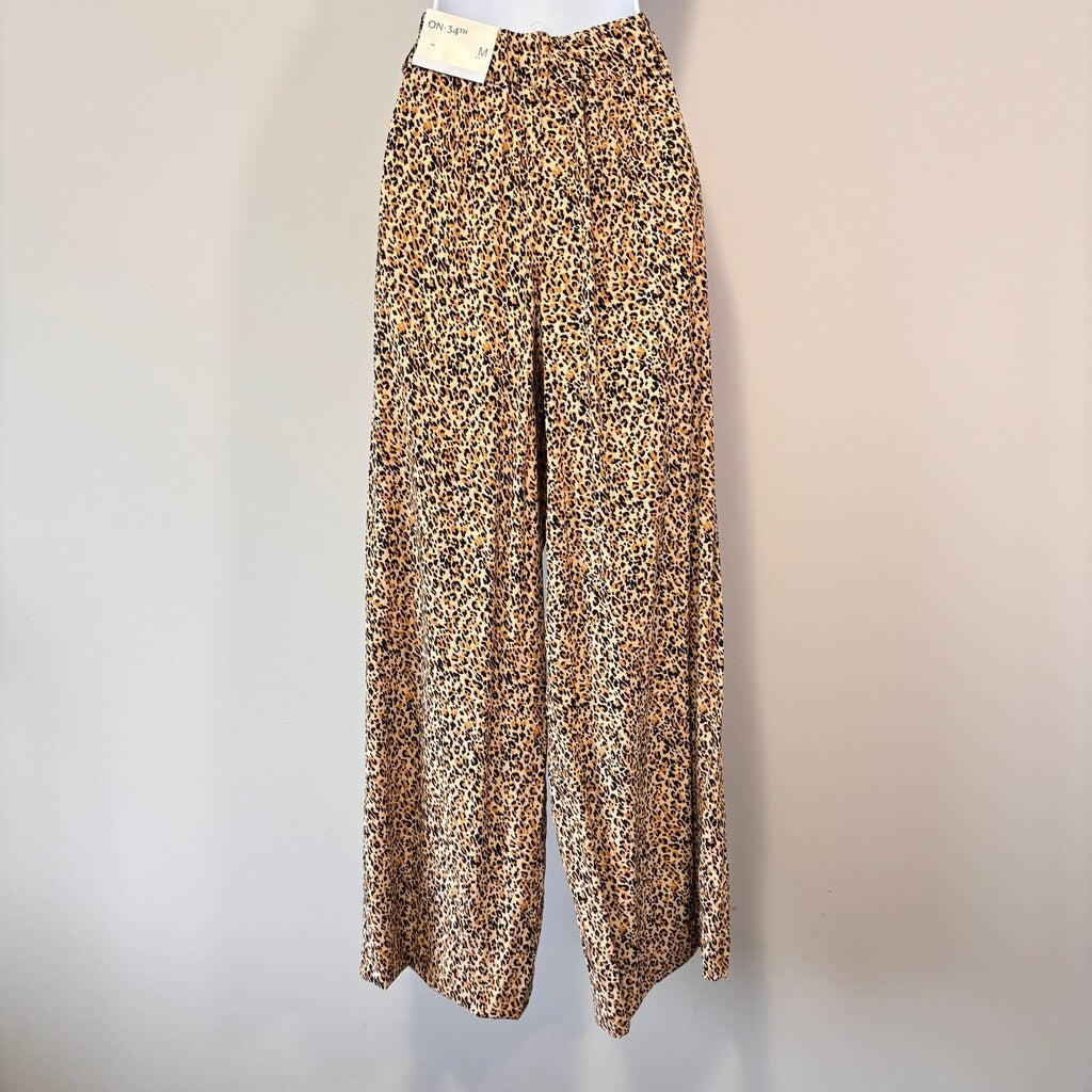 On 34th Women's Medium Beige Leopard Animal Printed Wide-Leg Pants NWT