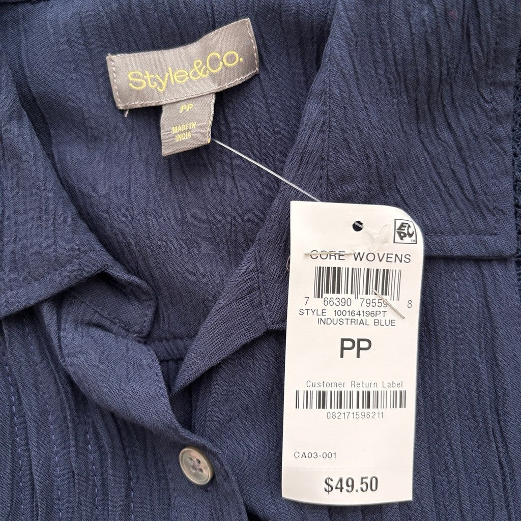 Style & Co Women's Petite Navy Blue Pintuck Short-Sleeve Button-Front Shirt NWT