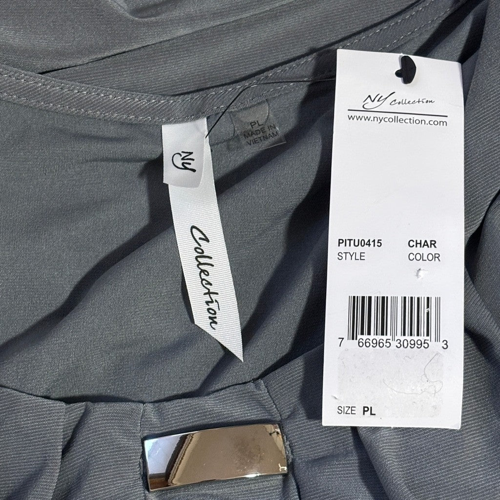 NY Collection Women's Petite Large Charcoal Grey Pleated Blouse NWT